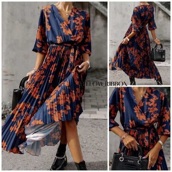 NEW Orange V Neck Wrap Pleated Maxi Floral Dress with Tie / Boho Floral Dresss - Picture 3 of 5